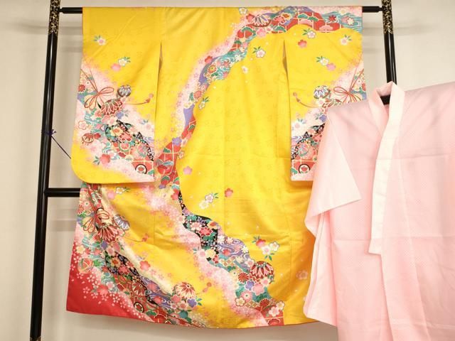 平和屋着物[]七五三　女の子　７歳　祝着　四つ身　長襦袢（単衣）セット　花手毬文　暈し染め　金彩　AABI2667ja