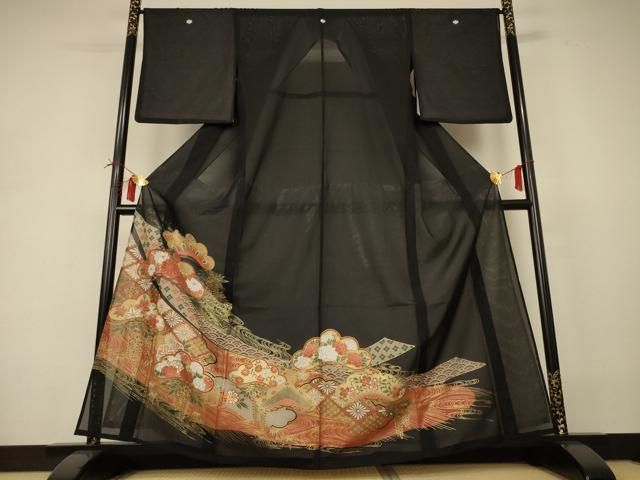 平和屋着物＊夏物　黒留袖　絽　吉祥熨斗花文　金彩　洗える着物　AABI4707jd