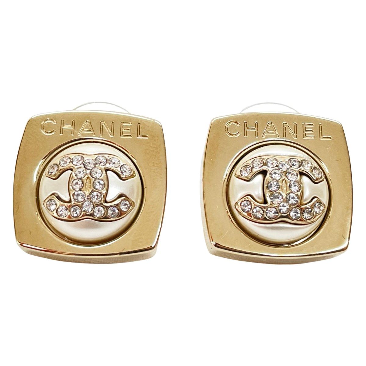 CHANEL シャネル ピアス ココマーク スクエア ラインストーン フェイクパール GP アクセサリー ココマーク ABA746 シャンパンゴールド