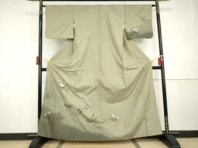 平和屋着物●訪問着　紬地　手描き　枝花文　金彩　正絹　逸品　AABI5161cs