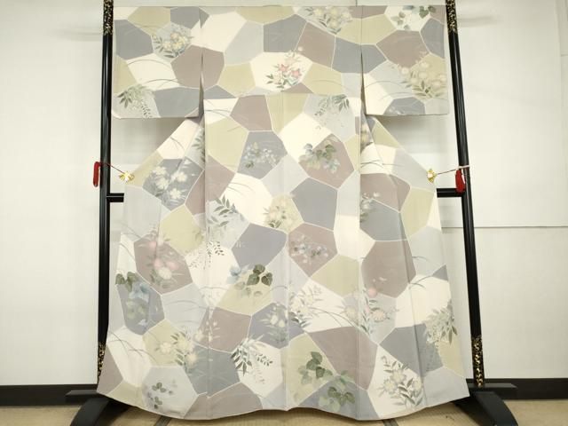 平和屋着物●訪問着　切嵌草花文　鬼しぼ縮緬　正絹　逸品　AABI5171cs