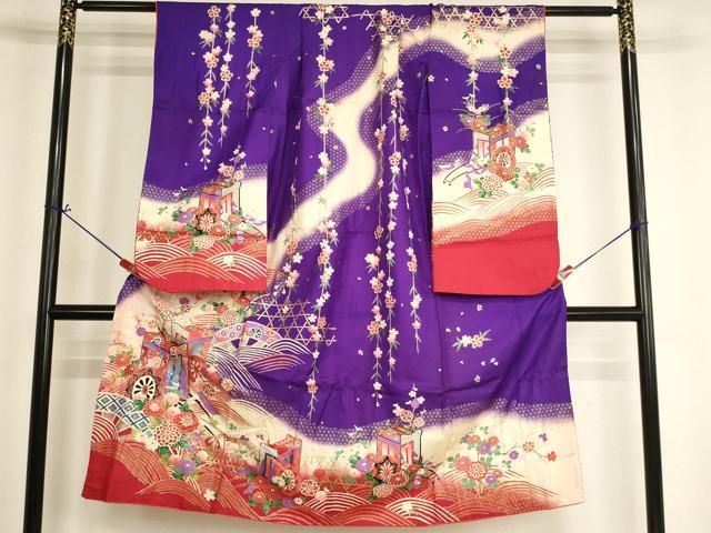 平和屋着物[]七五三　女の子　７歳　祝着　四つ身　御所車花文　暈し染め　金彩　逸品　AABI2677ja