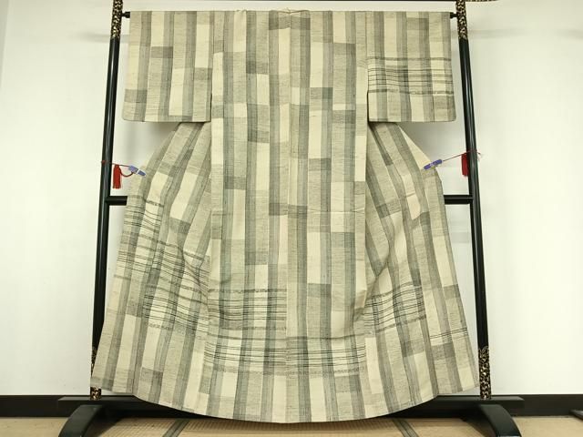 平和屋着物▽訪問着　単衣　ぜんまい紬　横段文　正絹　逸品　AABI4671jh