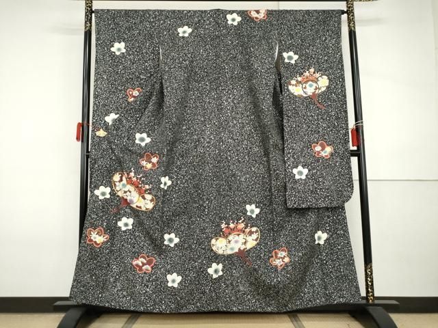 平和屋着物●豪華振袖 駒刺繍 舞梅文 黒地 金銀彩 正絹 逸品 AABI5175cs