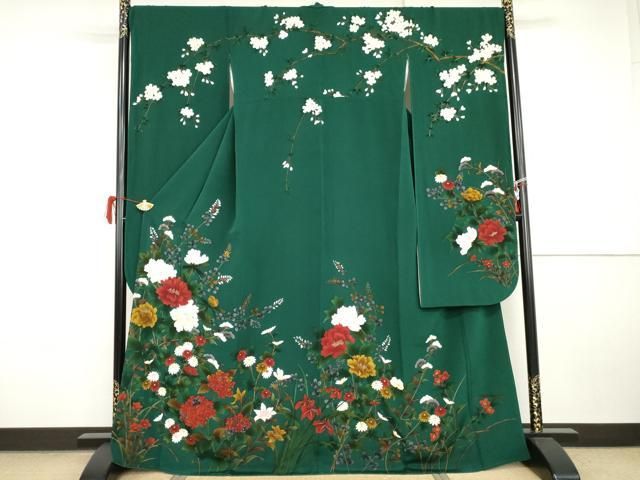平和屋着物●豪華振袖　手描き　枝花文　金彩　鬼しぼ縮緬　正絹　逸品　AABI5183cs