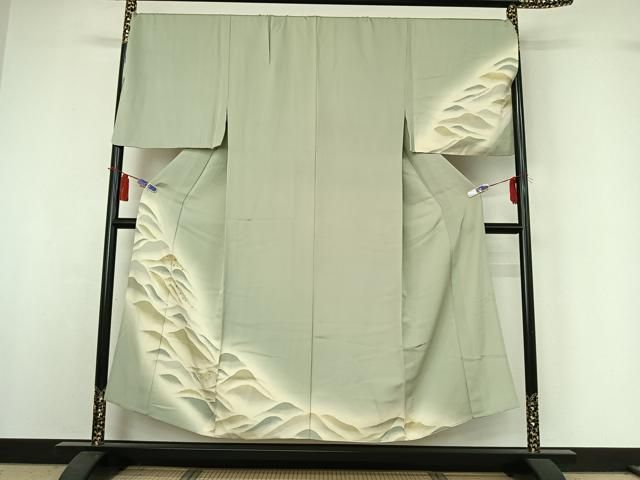 平和屋着物▽男性　訪問着　単衣　刺繍　風景花文　暈し染め　金糸　正絹　逸品　AABI4966jh