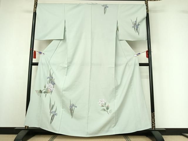 平和屋着物▽訪問着　単衣　紬地　手描き　草花文　正絹　逸品　AABI4968jh