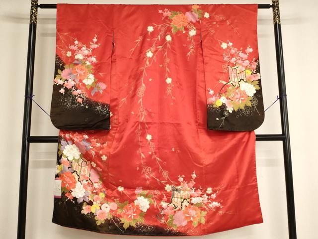 平和屋着物[]七五三　女の子　７歳　祝着　四つ身　御所車花文　暈し染め　金彩　洗える着物　未使用　AABI2685ja