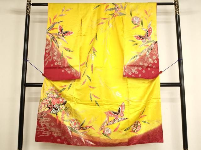 平和屋着物[]七五三　女の子　７歳　祝着　四つ身　扇面花車文　暈し染め　金彩　洗える着物　AABI2686ja