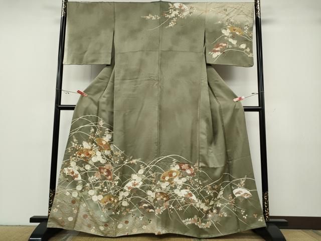 平和屋着物○訪問着 駒刺繍 扇面草花文 暈し染め 金彩 正絹 逸品