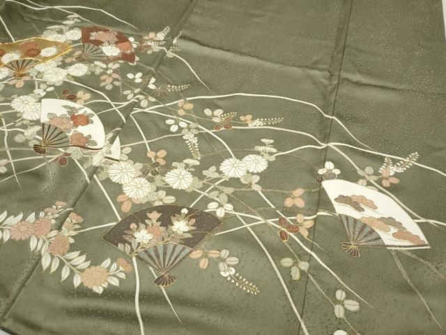 平和屋着物○訪問着 駒刺繍 扇面草花文 暈し染め 金彩 正絹 逸品