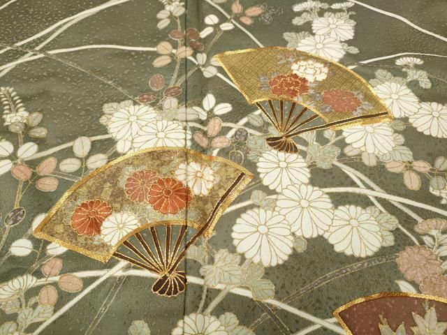 平和屋着物○訪問着 駒刺繍 扇面草花文 暈し染め 金彩 正絹 逸品