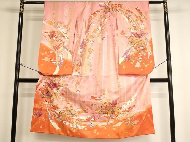 平和屋着物[]七五三　女の子　７歳　祝着　四つ身　花鼓文　折り鶴　金彩　洗える着物　AABI2689ja