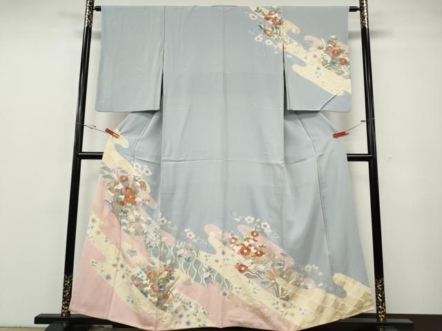 平和屋着物●訪問着　駒刺繍　絞り　エ霞草花文　金彩　正絹　逸品　CABG5240ut