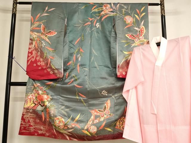 平和屋着物[]七五三　女の子　７歳　祝着　四つ身　長襦袢（単衣）セット　扇面花車文　金彩　AABI2690ja