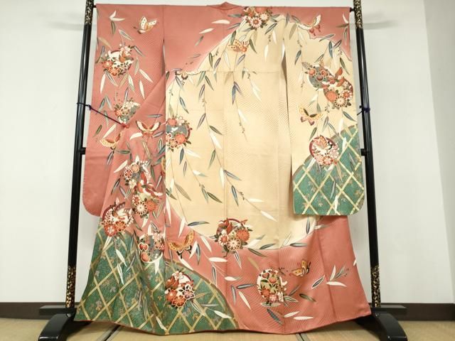平和屋着物●豪華振袖　花鳥文　暈し染め　金彩　正絹　逸品　DABD9868ud