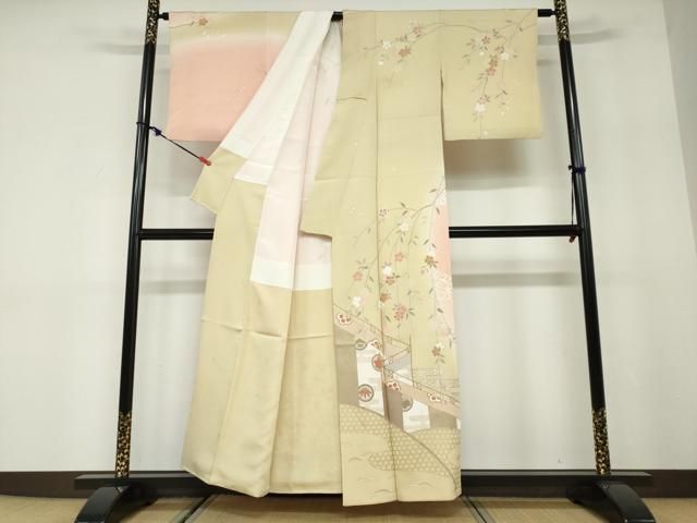 平和屋着物○訪問着 駒刺繍 エ霞草花文 暈し染め 金彩 正絹 逸品