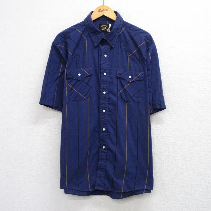 XL/古着 半袖 ウエスタン シャツ メンズ 90年代 90s USA製 紺他 ストライプ 26apr22
