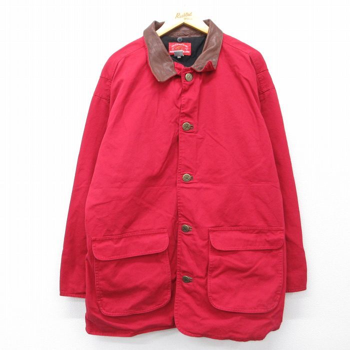 XL/古着 マルボロ 長袖 ジャケット メンズ 90年代 90s ダック地 襟レザー 大きいサイズ ロング丈 コットン 赤 26apr22 6,257円