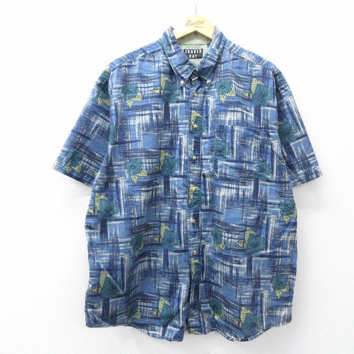 XL/古着 TRADER BAY 半袖 シャツ メンズ 00年代 00s 花 大きいサイズ ロング丈 コットン ボタンダウン 紺他【spe】 26apr22