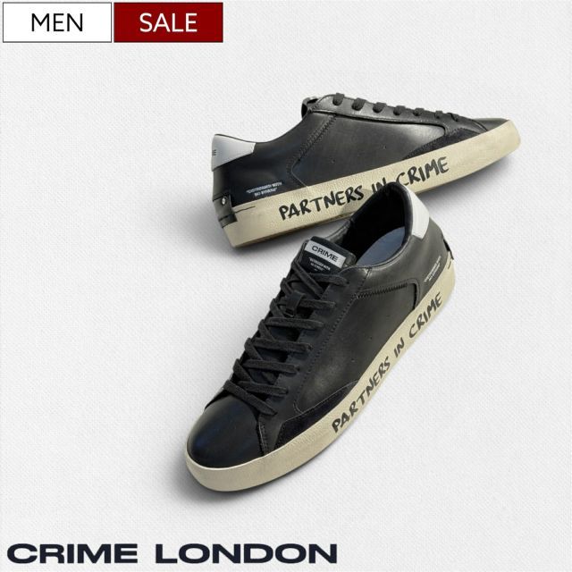 【定価44,000円(税込)】CRIME LONDON - クライムロンドン - ラグジュアリーで爽やかな足元を演出♪ トレンドを意識したメッセージロゴ入りレザーコンビネーションスニーカー 靴 シューズ ブラック DISTRESSED 420301564041