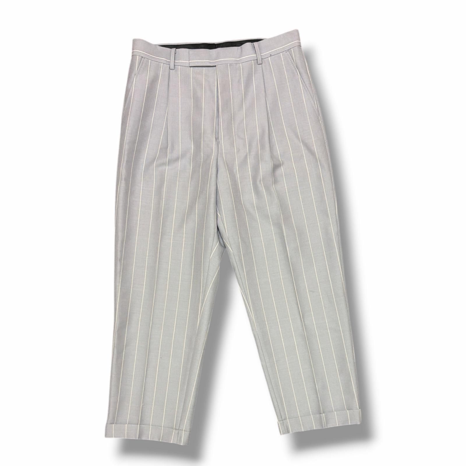 参考上代44000円 WACKO MARIA × DORMEUIL 23SS STRIPED PLEATED TROUSERS ストライプトラウザーズ スラックス ワコマリア × ドーメル 23SS-WMP-TR19 グレー L （15580M）