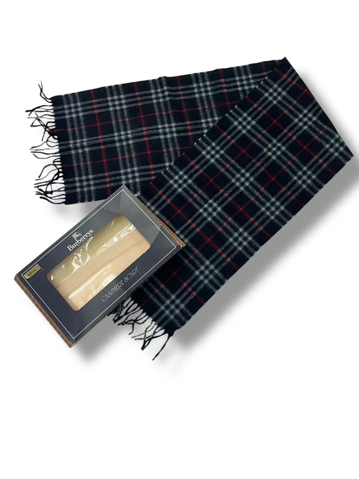 未使用品 BURBERRY バーバリー カシミヤ マフラー ノバチェック柄 ネイビー × レッド 箱付き
