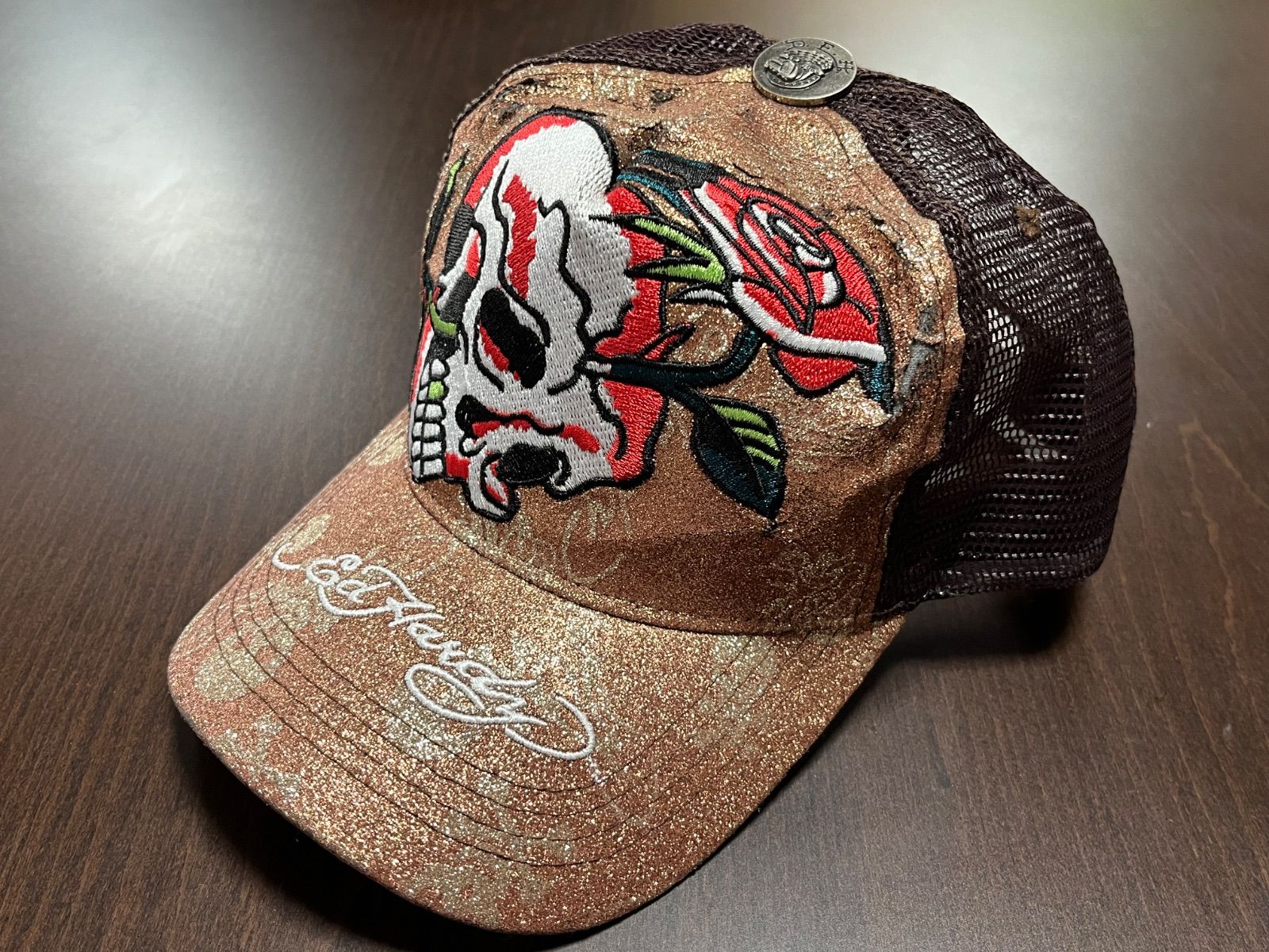 ED HARDY エドハーディー　メッシュキャップ　スカル・ローズ刺繍　ラメ　Y2K 平成　00s　帽子