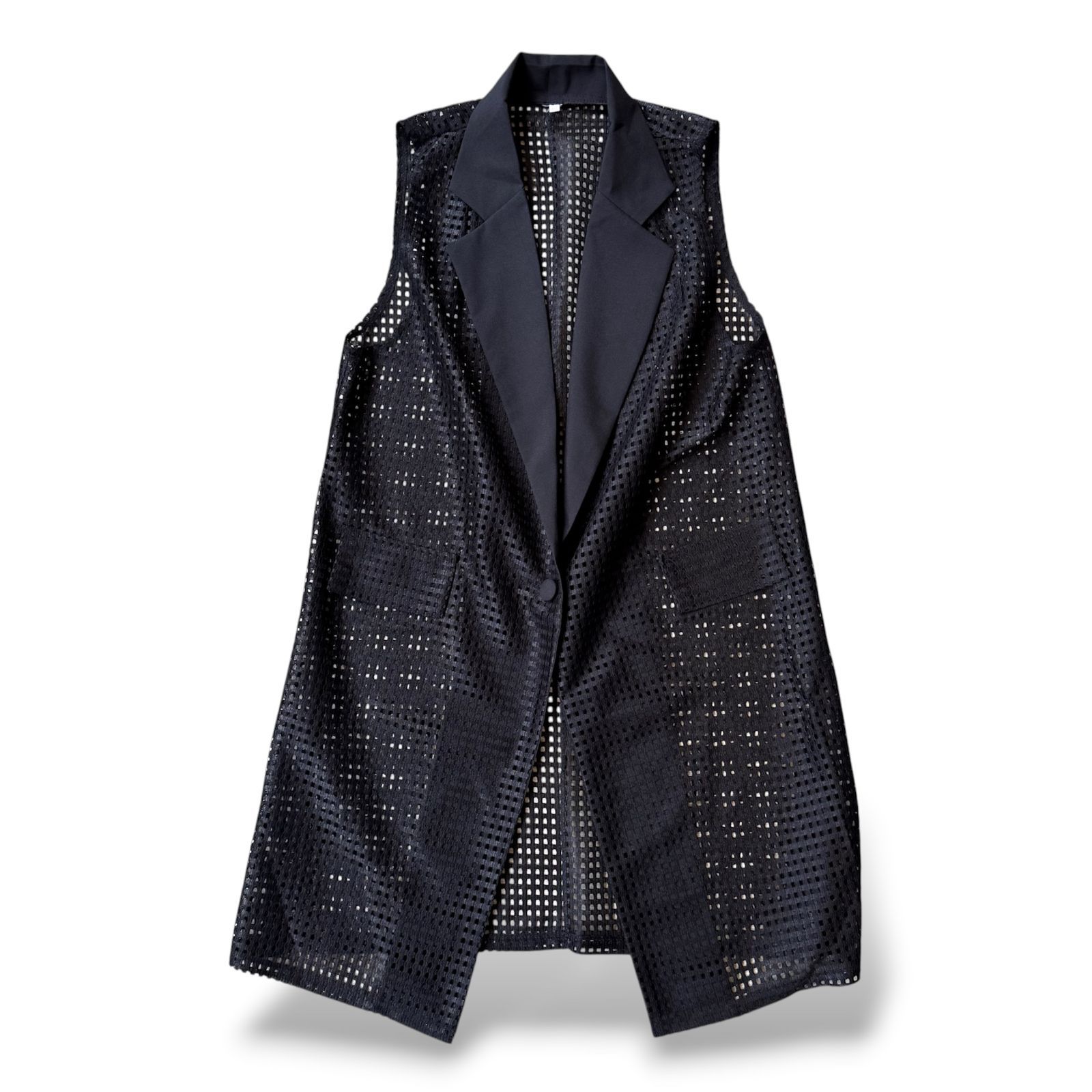 MESH DESIGN BLACK COLOR LONG TAILORED VEST / メッシュ ロング テーラード ノースリーブ ベスト