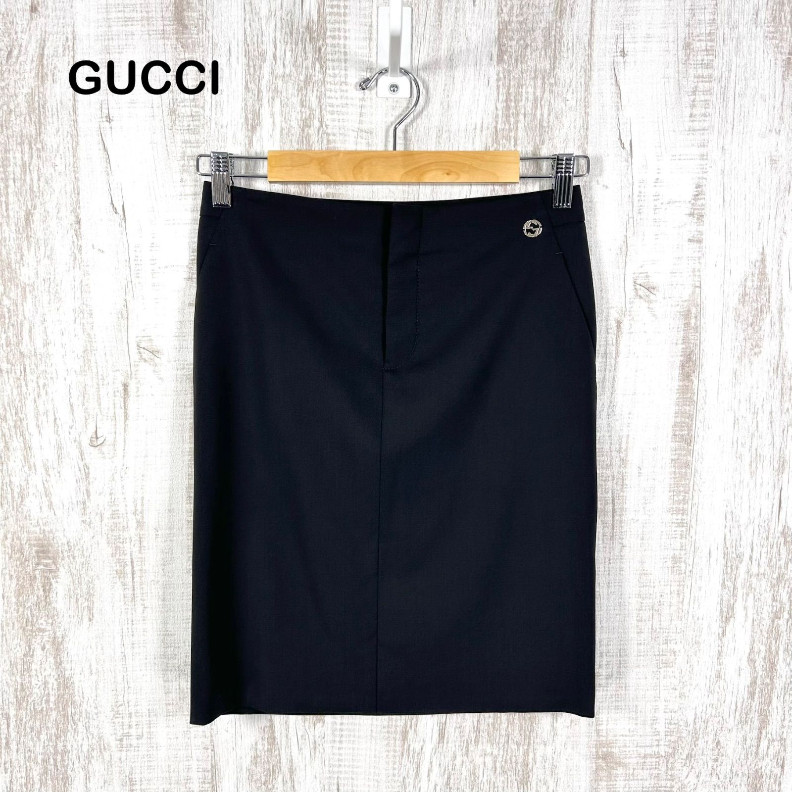 美品 GUCCI グッチ GGメタルパーツ ウール タイトスカート ブラック