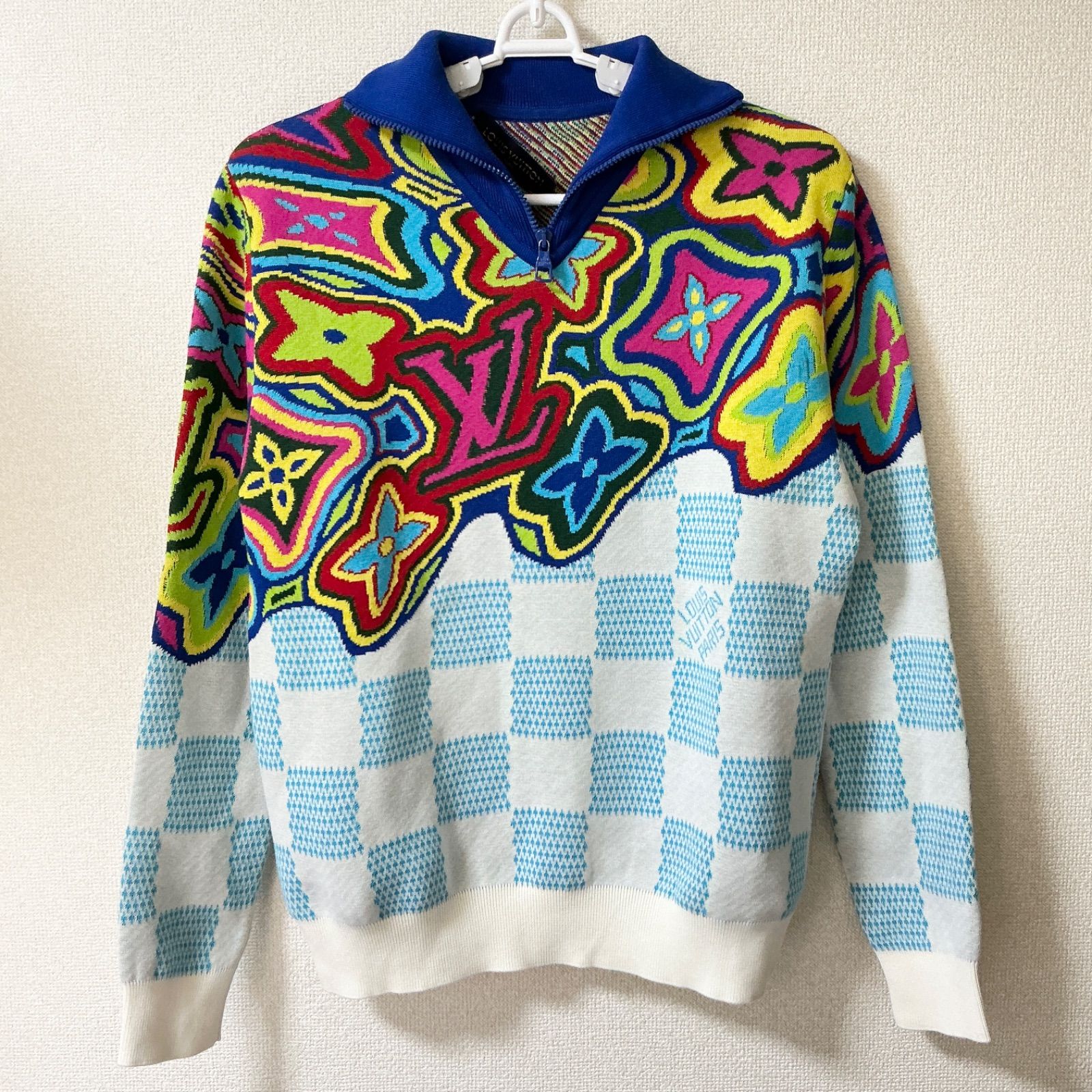 ●LOUIS VUITTON ルイヴィトン ディストーテッド モノグラム ダミエ ハーフジップセーター メンズ XSサイズ【中古】Aランク　6_276