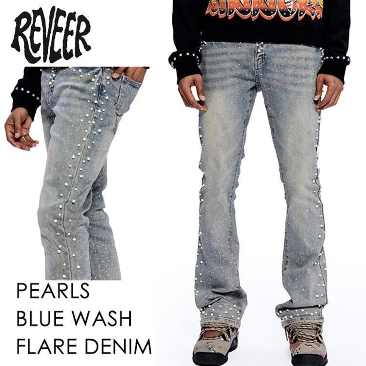 新鋭USAブランド!! REVEER パールブルーストレッチフレアデニムパンツ 【28inc〜32inc】【パール装飾】【ラインストーン装飾】
