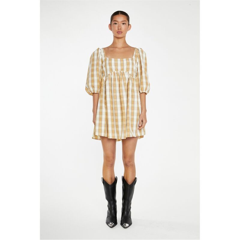 グラマラス レディース トップス ワンピース ミニ Glamorous BeigeCream Check SquareNeck Smock MiniDress Beige ベージュ