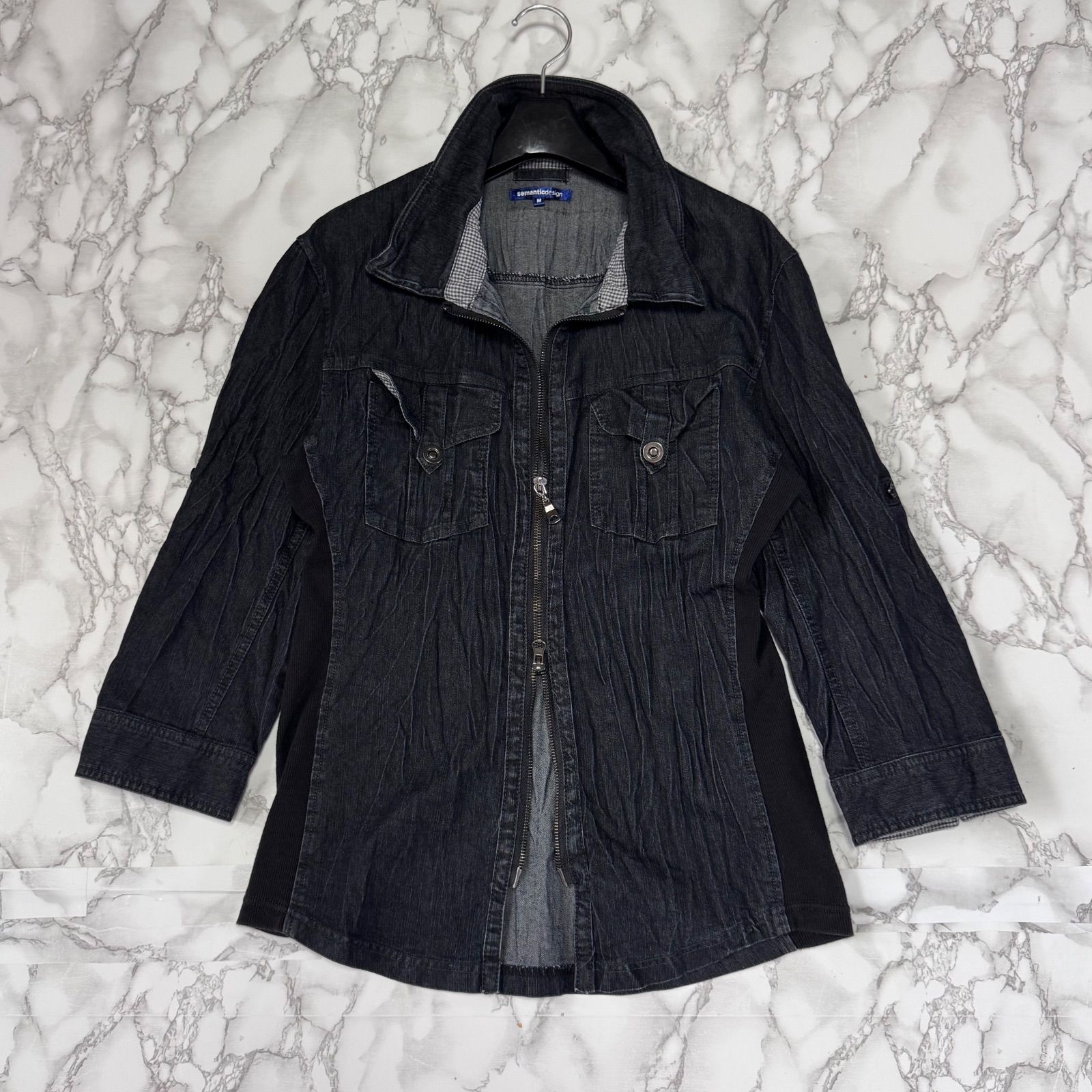 希少【semantic design セマンティックデザイン 【商品名】y2k 00's archive/シワ加工 プリーツ/ストレッチ 七分袖/Wジップ/シャツ デニムシャツ