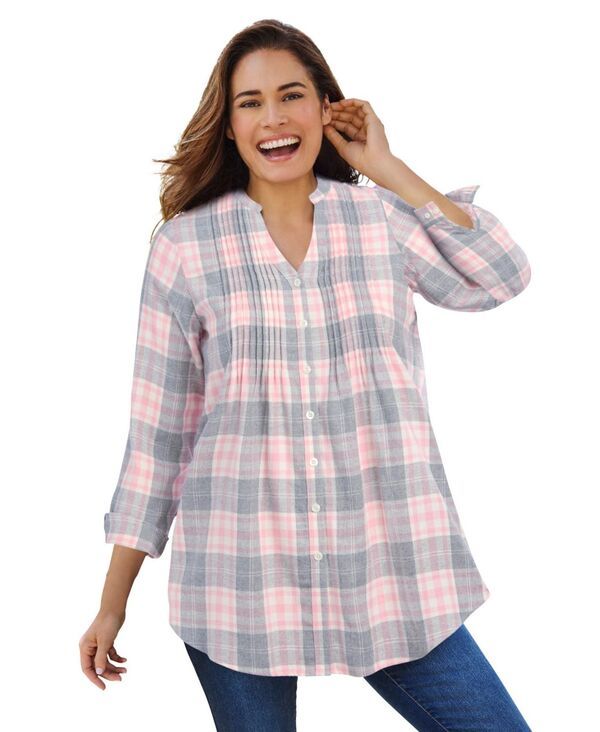 ウーマン ウィズイン レディース トップス シャツ Woman Within Womens Within Pintucked Flannel Shirt Pink sorbet plaid ピンク
