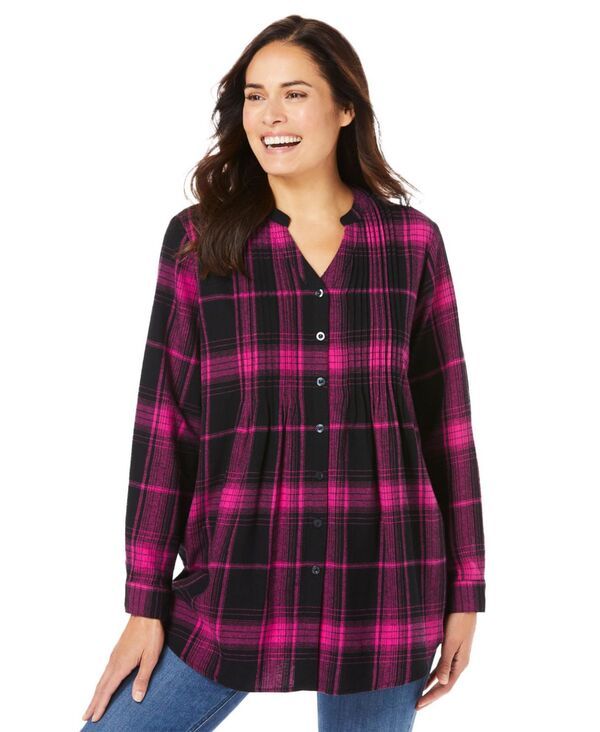 ウーマン ウィズイン レディース トップス シャツ Woman Within Womens Within Pintucked Flannel Shirt Pink black plaid ブラック