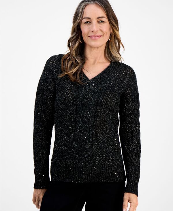 スタイルアンドコー レディース アウター ニット・セーター Vネック セーター スパンコール ニット Style Co Womens Sequin VNeck CableKnit Pullover Sweater PXSXXL Black ブラック