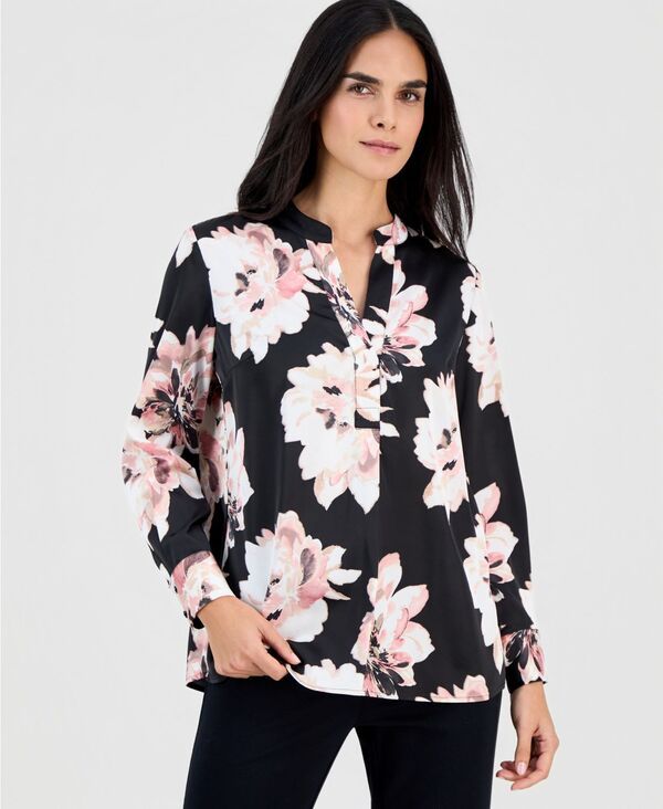 アンクライン レディース トップス シャツ フラワー柄 プチ サテン ブラウス フラワー Anne Klein Petite Floral Satin Popover Blouse Anne Black Multi ブラック