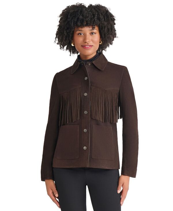 ジョーンズニューヨーク レディース アウター ジャケット・ブルゾン スエード フリンジ ジャケット Jones New York Womens Fringe Suede Patch Long Sleeve Jacket PXSXL Dark Brown ブラウ