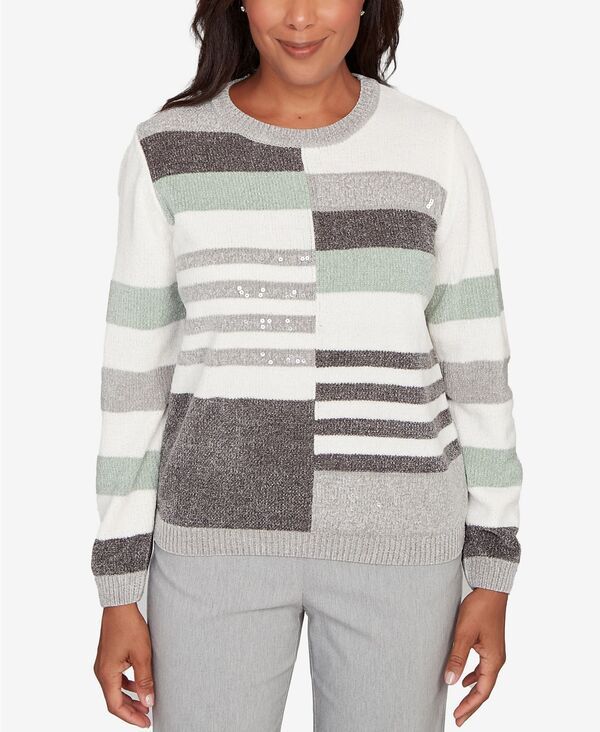 アルフレッド ダナー レディース アウター ニット・セーター プチ セーター スパンコール カラーブロック Alfred Dunner Petite Stockbridge Stripe Sequin Colorblock Chenille Sweater P