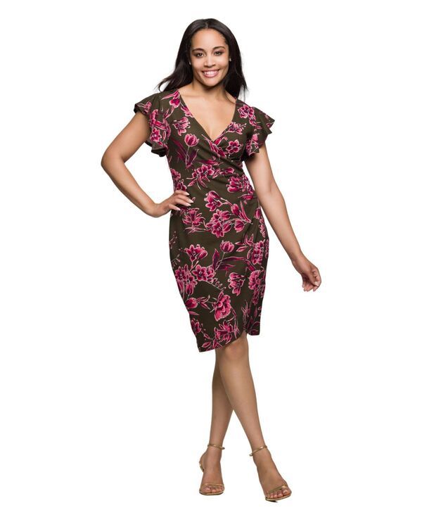 24 セブンコンフォート レディース トップス ワンピース ラップワンピース フラワー柄 フラワー 24seven Comfort Apparel Womens Brown and Pink Floral Flutter Sleeve Wrap Dress B