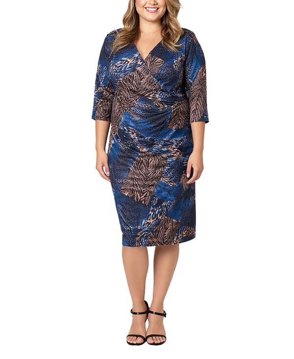 24 セブンコンフォート レディース トップス ワンピース ラップワンピース アニマル柄 プラスサイズ プリント 24seven Comfort Apparel Plus Size Animal Print Faux Wrap Dress Blue Multi