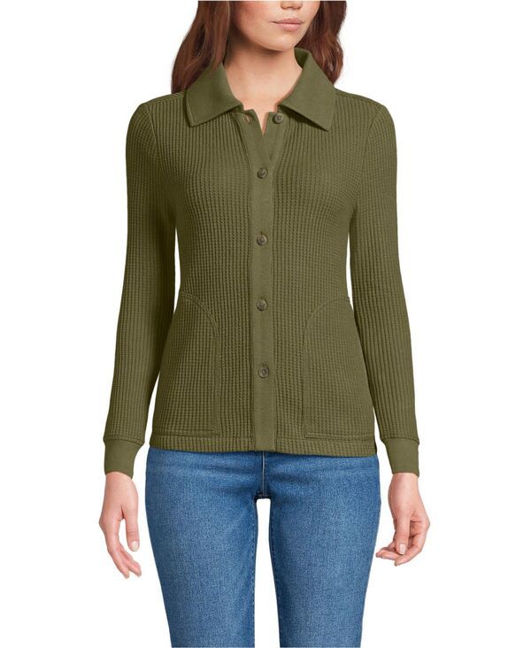 ランズエンド レディース アウター ジャケット・ブルゾン Lands End Womens Long Sleeve Waffle Collared Shacket Olive drab オリーブ