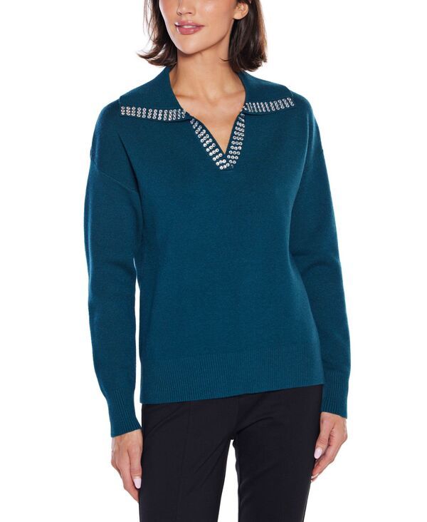 ベルディーニ レディース アウター ニット・セーター Belldini RhinestoneTrimmed SplitNeck Sweater Winter Teal ティール
