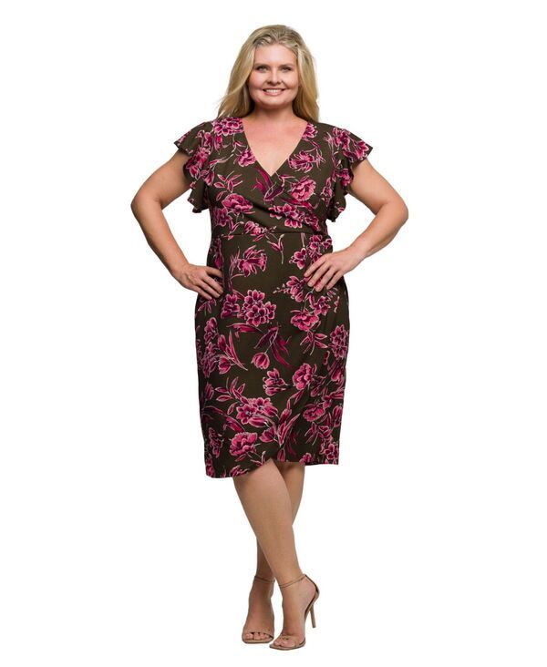 24 セブンコンフォート レディース トップス ワンピース ラップワンピース フラワー柄 プラスサイズ フラワー 24seven Comfort Apparel Plus Size Brown and Pink Floral Flutter Sleeve Wr