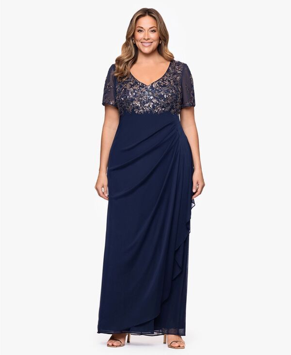 エスケープ レディース トップス ワンピース プラスサイズ XSCAPE Plus Size Applique Short Sleeves Sheath Dress Navy Gunmetal ネイビー