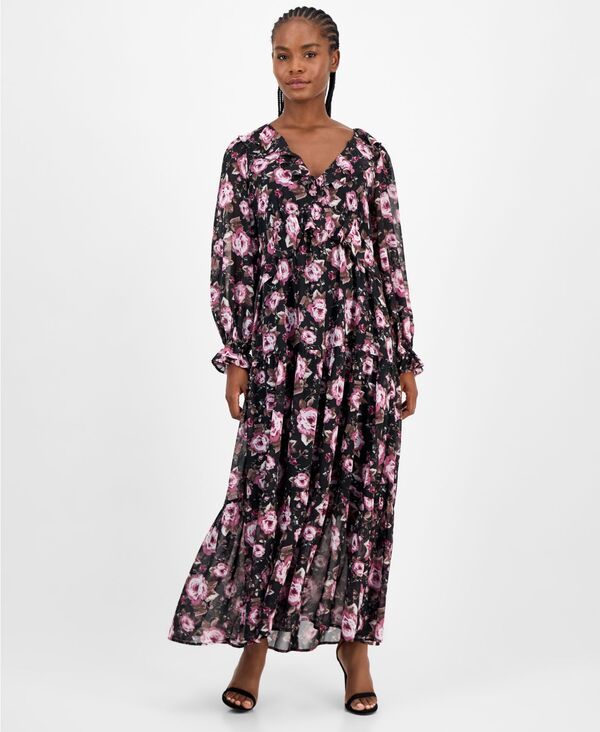 アンドノウディス レディース トップス ワンピース マキシワンピース プリント マキシ 長袖 And Now This Womens Printed LongSleeve Maxi Dress Black Pink Floral ブラック
