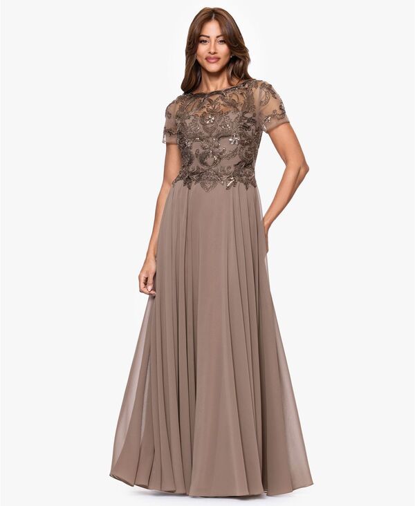 エスケープ レディース トップス ワンピース プチ メッシュ XSCAPE Petite Beaded Mesh Long Dress Mocha モカ
