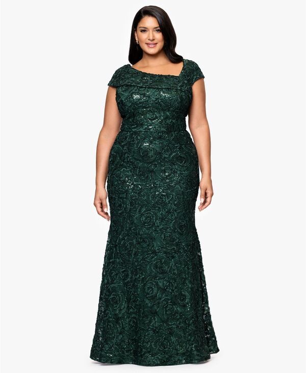 エスケープ レディース トップス ワンピース アシンメトリー マキシワンピース プラスサイズ レース マキシ XSCAPE Plus Size Lace Detail Asymmetrical Neck Maxi Dress Hunter