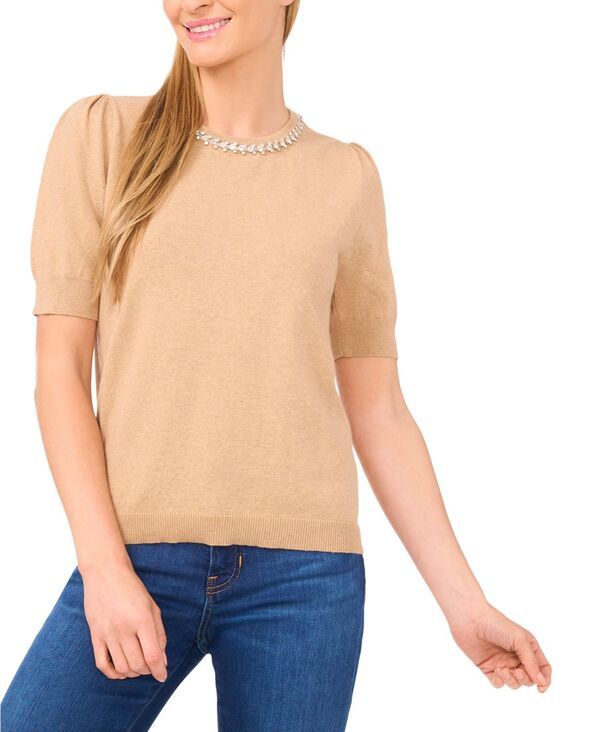 セセ レディース アウター ニット・セーター CeCe Womens Embellished Neck Trim Short Sleeve Sweater Top Latte Heather ヘザー